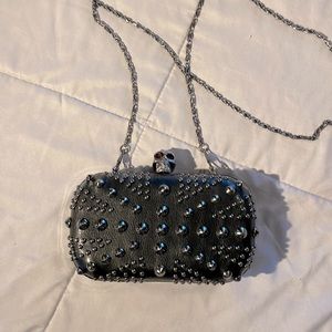 Cool Rock n Roll black leather skull studded evening bag with long strap